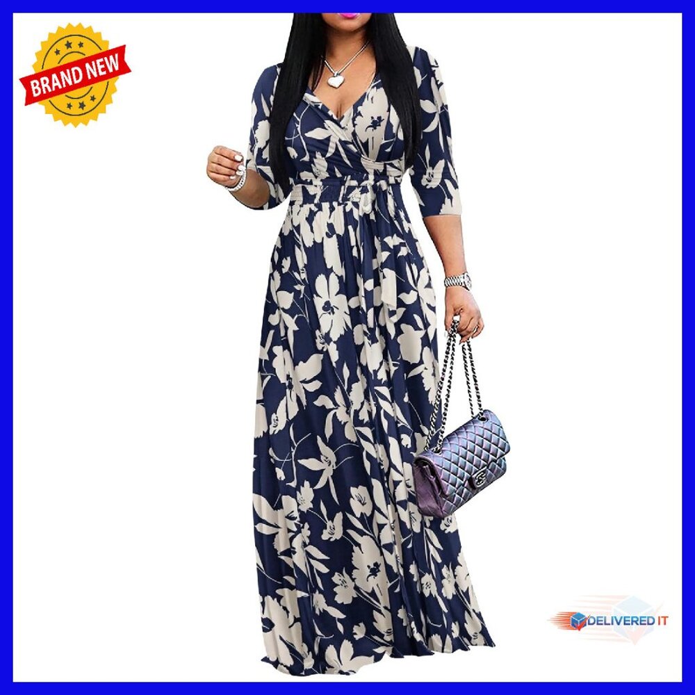 Plus Size Maxi Dress V-Neck 3/4 Sleeve Wrap Sundress With Pockets